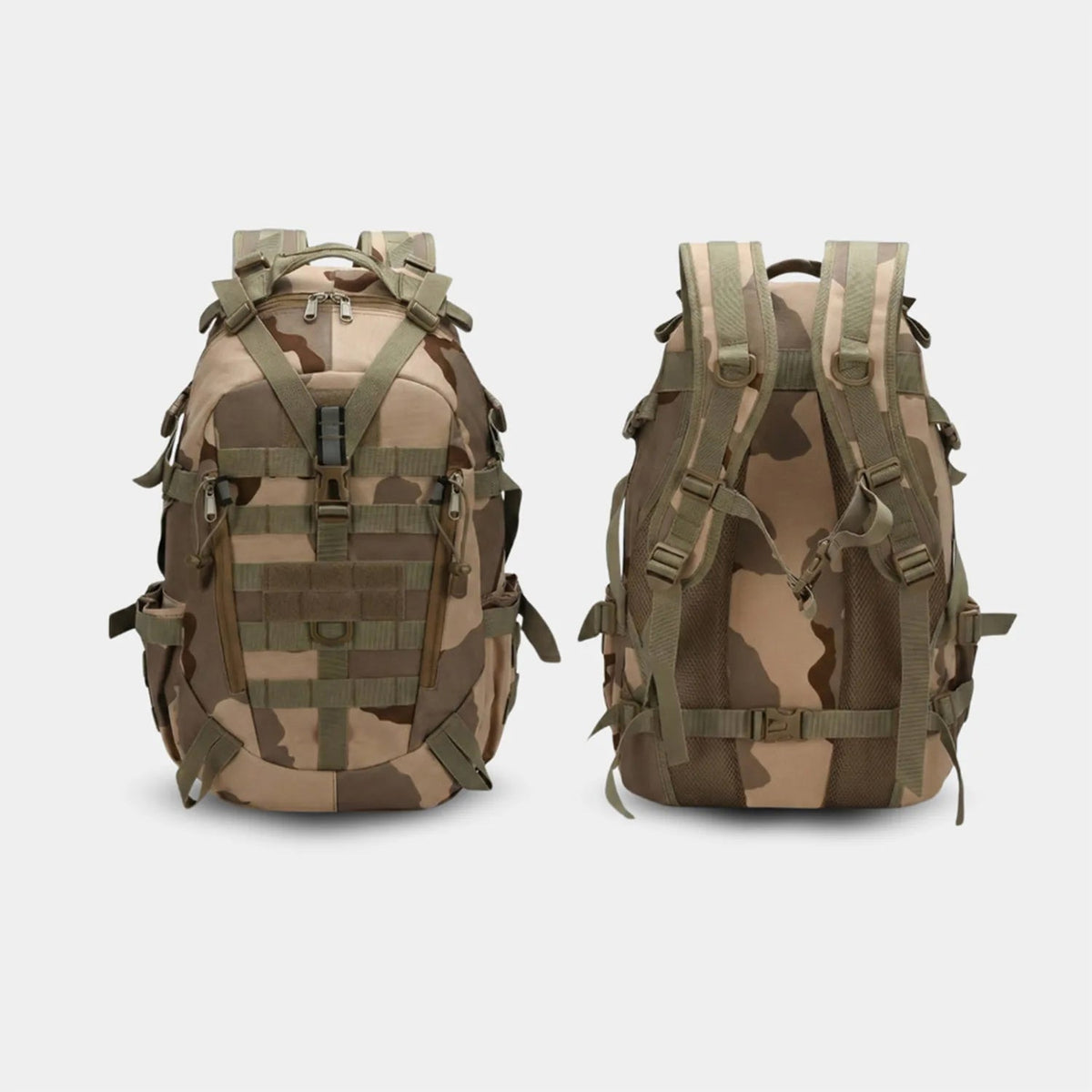Two The Trekorago Hunting Backpack in a desert camouflage pattern, shown from the front and back against a light gray background.