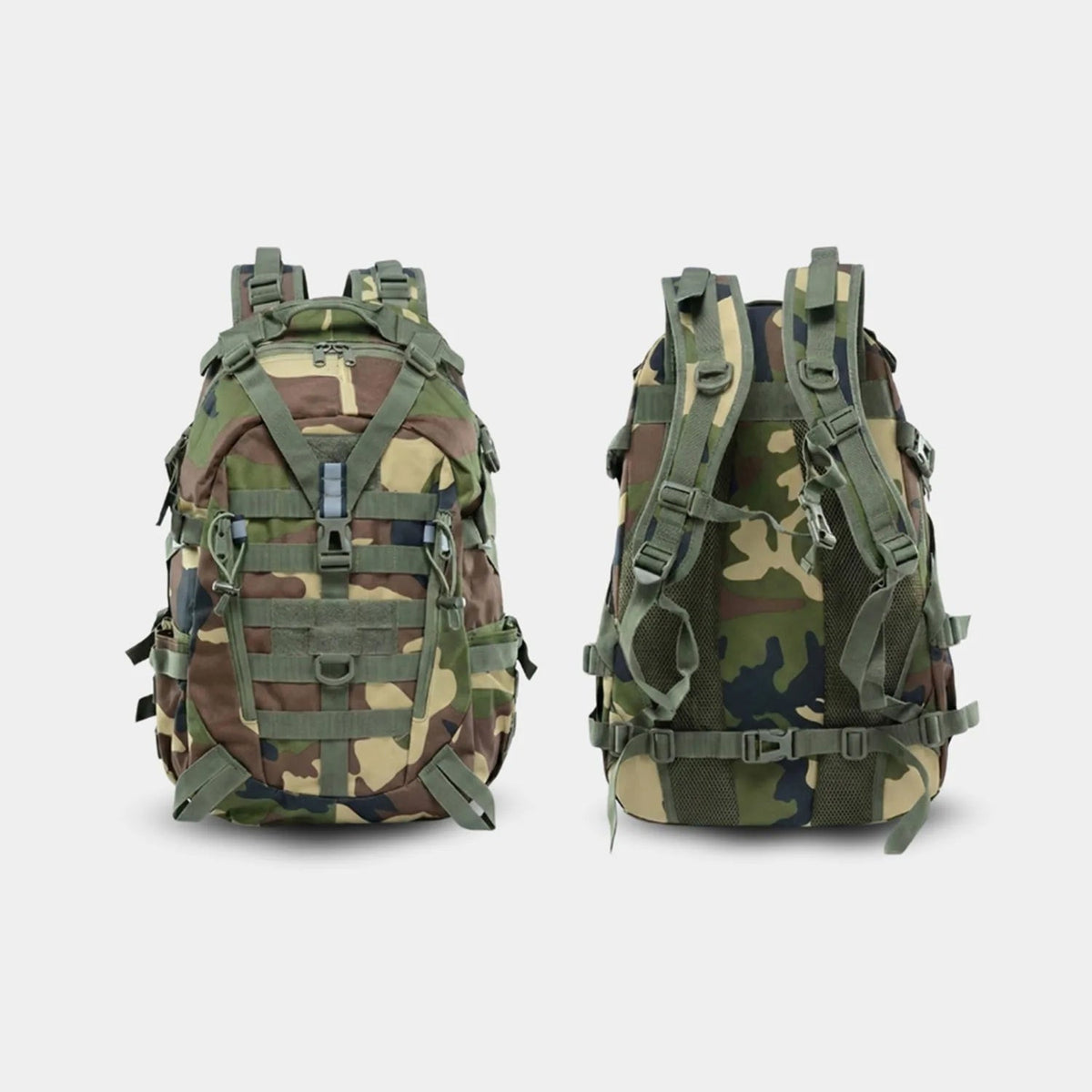 Two tThe Trekorago Hunting Backpack in a green, brown, and beige camouflage pattern, shown from the front and back against a light gray background.
