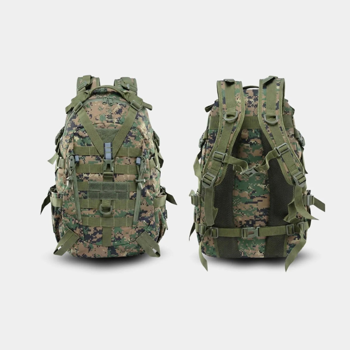 Two The Trekorago Hunting Backpack shown side by side against a light gray background, displaying the front and back views of a military-style bag in a green camouflage pattern.