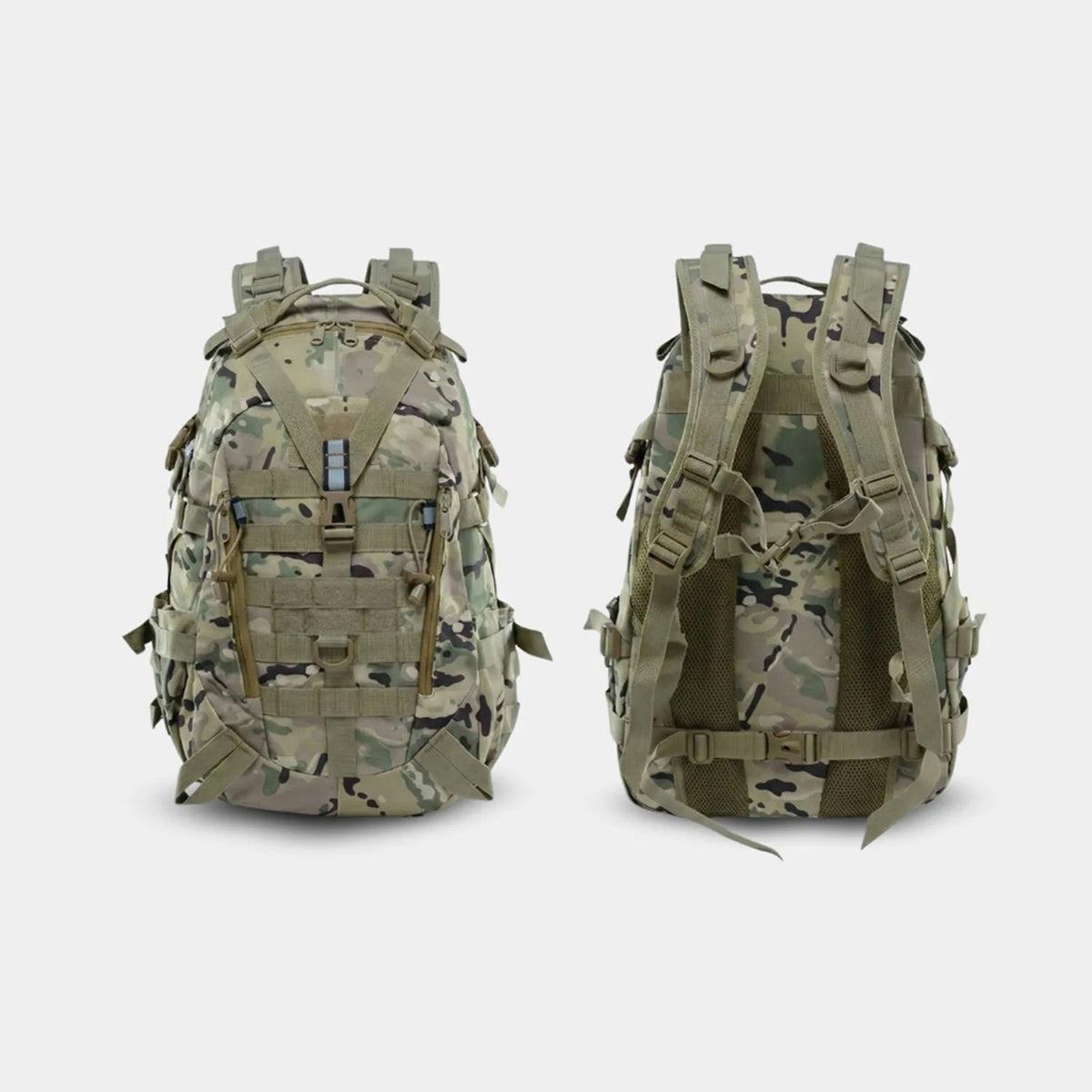 Two tThe Trekorago Hunting Backpack in a multi-terrain camouflage pattern, shown from the front and back against a light gray background.