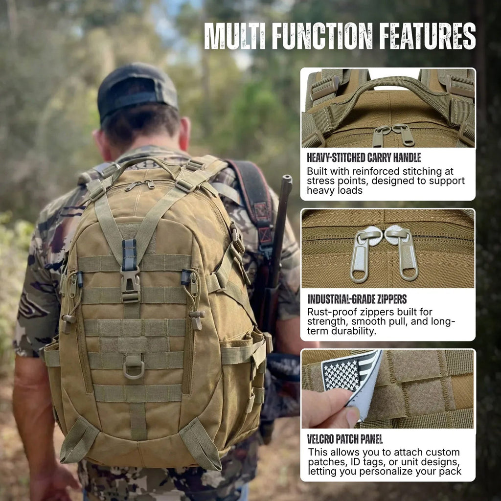 A man wearing a  The Trekorago Hunting Backpack  in an outdoor forest setting, with three inset detail photos highlighting features like a heavy-stitched carry handle, industrial-grade zippers, and a velcro patch panel under the heading 'MULTI FUNCTION FEATURES'.