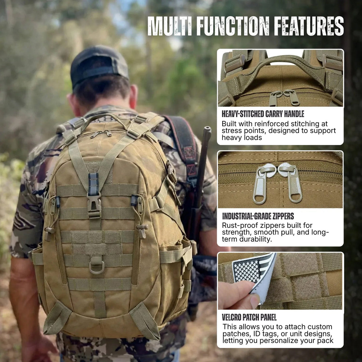 A man wearing a  The Trekorago Hunting Backpack  in an outdoor forest setting, with three inset detail photos highlighting features like a heavy-stitched carry handle, industrial-grade zippers, and a velcro patch panel under the heading 'MULTI FUNCTION FEATURES'.