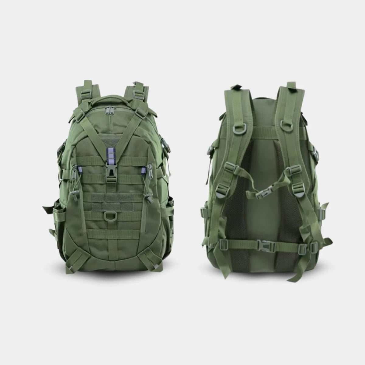 An olive greenThe Trekorago Hunting Backpack shown from both the front and back views against a light gray background.