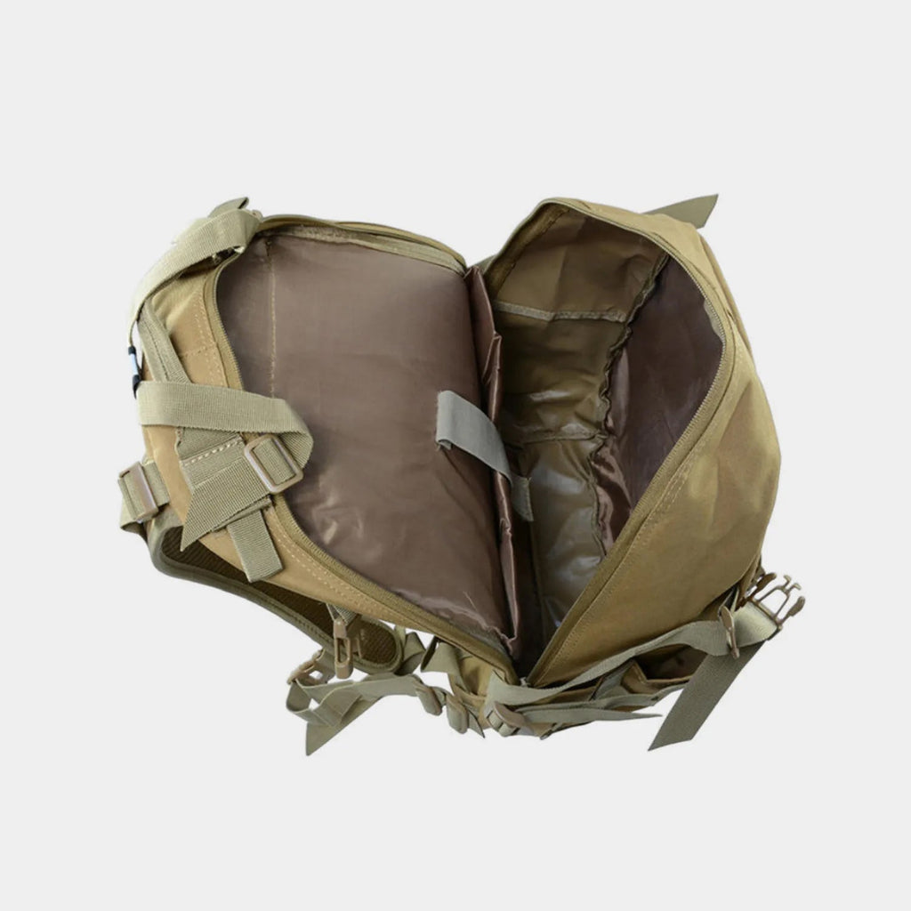 An open The Trekorago Hunting Backpack in coyote brown and olive green, showing the interior compartments and straps against a light gray background.