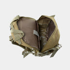 An open The Trekorago Hunting Backpack in coyote brown and olive green, showing the interior compartments and straps against a light gray background.