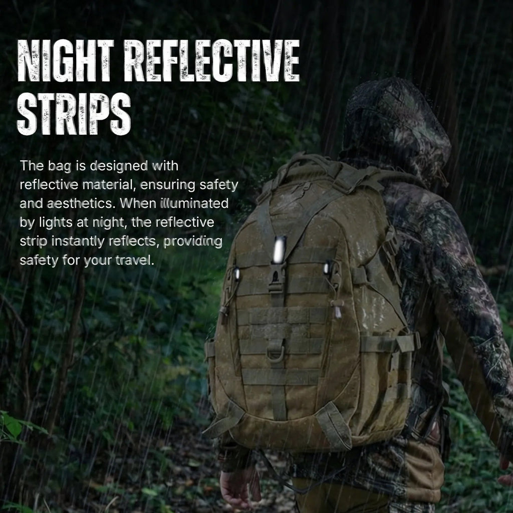 A person wearing a camouflage hooded jacket carries a large  The Trekorago Hunting Backpack in a dark rainforest setting. White text on the left reads 'NIGHT REFLECTIVE STRIPS' with descriptive copy about reflective material on the bag.