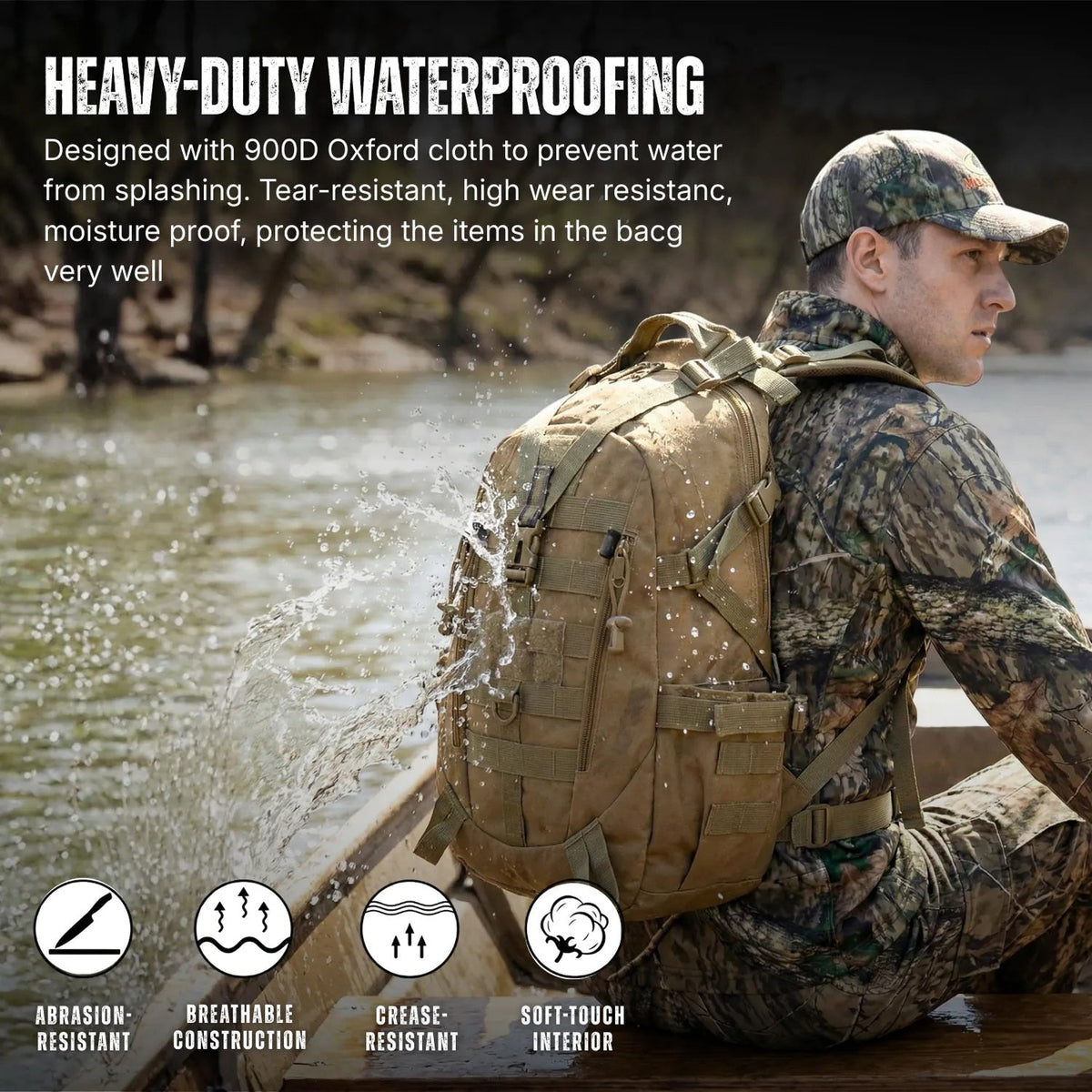 A man in camouflage clothing sits in a boat wearing a tan  The Trekorago Hunting Backpack , with water splashing against the front. Large text at the top reads 'HEAVY-DUTY WATERPROOFING' with feature icons along the bottom.