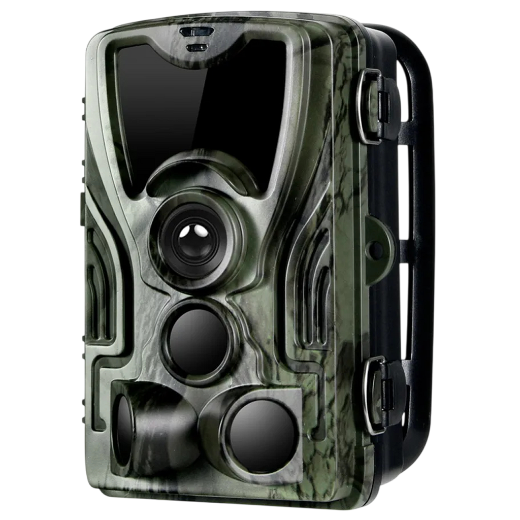 A TrailyEye Night Vision Trail Camera with a green and black camouflage pattern, featuring a large front lens, secondary lenses, and a black carrying handle on the side, shown against a plain white background.