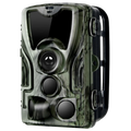 A TrailyEye Night Vision Trail Camera with a green and black camouflage pattern, featuring a large front lens, secondary lenses, and a black carrying handle on the side, shown against a plain white background.