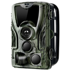 A TrailyEye Night Vision Trail Camera with a green and black camouflage pattern, featuring a large front lens, secondary lenses, and a black carrying handle on the side, shown against a plain white background.