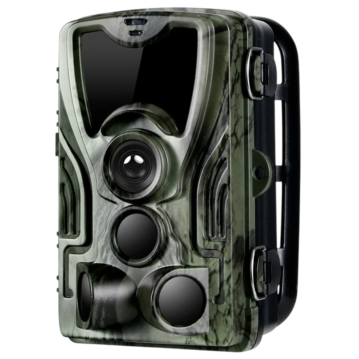 A TrailyEye Night Vision Trail Camera with a green and black camouflage pattern, featuring a large front lens, secondary lenses, and a black carrying handle on the side, shown against a plain white background.