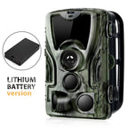 A TrailyEye Night Vision Trail Camera camouflage shown on a white background, with a circular inset of a black lithium battery and text reading 'LITHIUM BATTERY version'.
