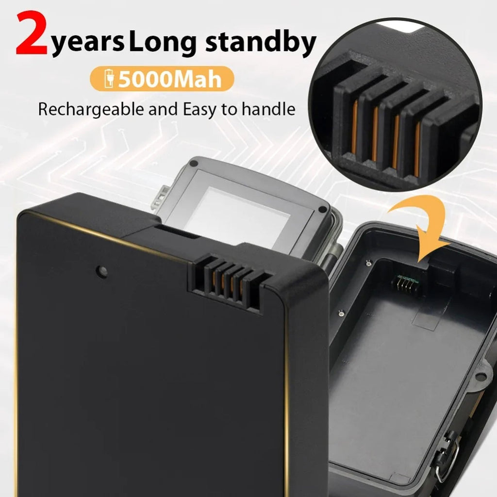 Black rechargeable power bank battery with gold trim for TrailyEye Night Vision Trail Camera shown open with text overlays reading '2 years Long standby', '5000Mah', and 'Rechargeable and Easy to handle', plus a circular inset showing the connector pins.