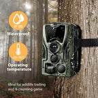 TrailyEye Night Vision Trail Camera attached to a tree in a forest with waterproof and temperature range indicators.
