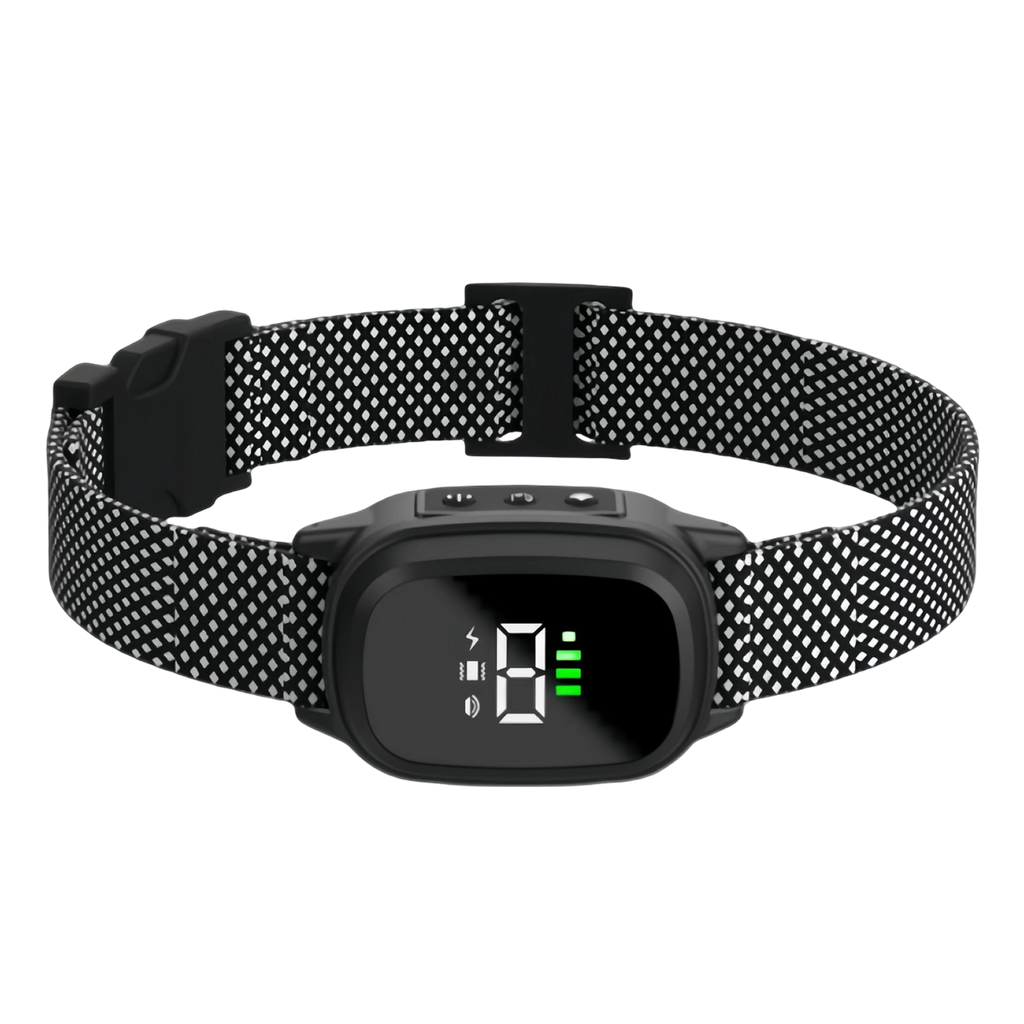 A black WhisiPaw Dog Anti Bark Collar with a black and white patterned mesh strap and a central digital display screen, shown on a plain white background.