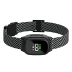 A black WhisiPaw Dog Anti Bark Collar with a black and white patterned mesh strap and a central digital display screen, shown on a plain white background.