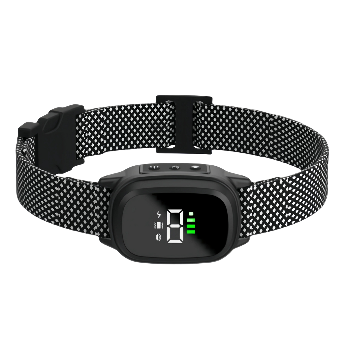 A black WhisiPaw Dog Anti Bark Collar with a black and white patterned mesh strap and a central digital display screen, shown on a plain white background.