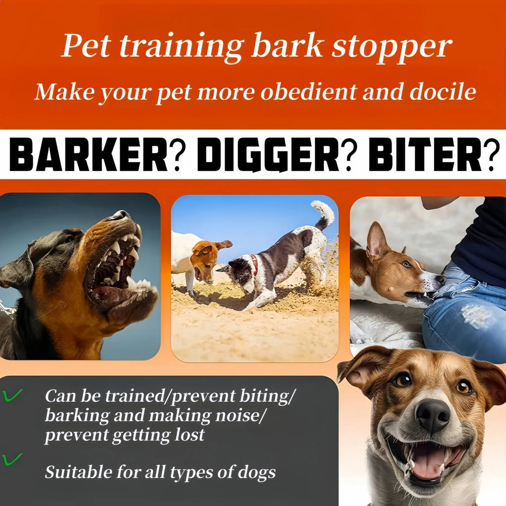 Advertisement for WhisiPaw Dog Anti Bark Collar with images of dogs and text about its benefits.