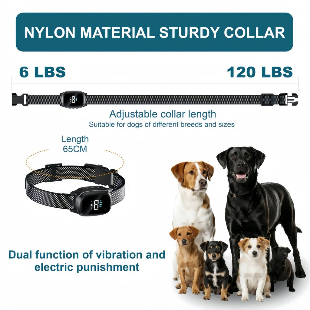 WhisiPaw Dog Anti Bark Collar with adjustable length and dual function features, suitable for dogs of different breeds and sizes.