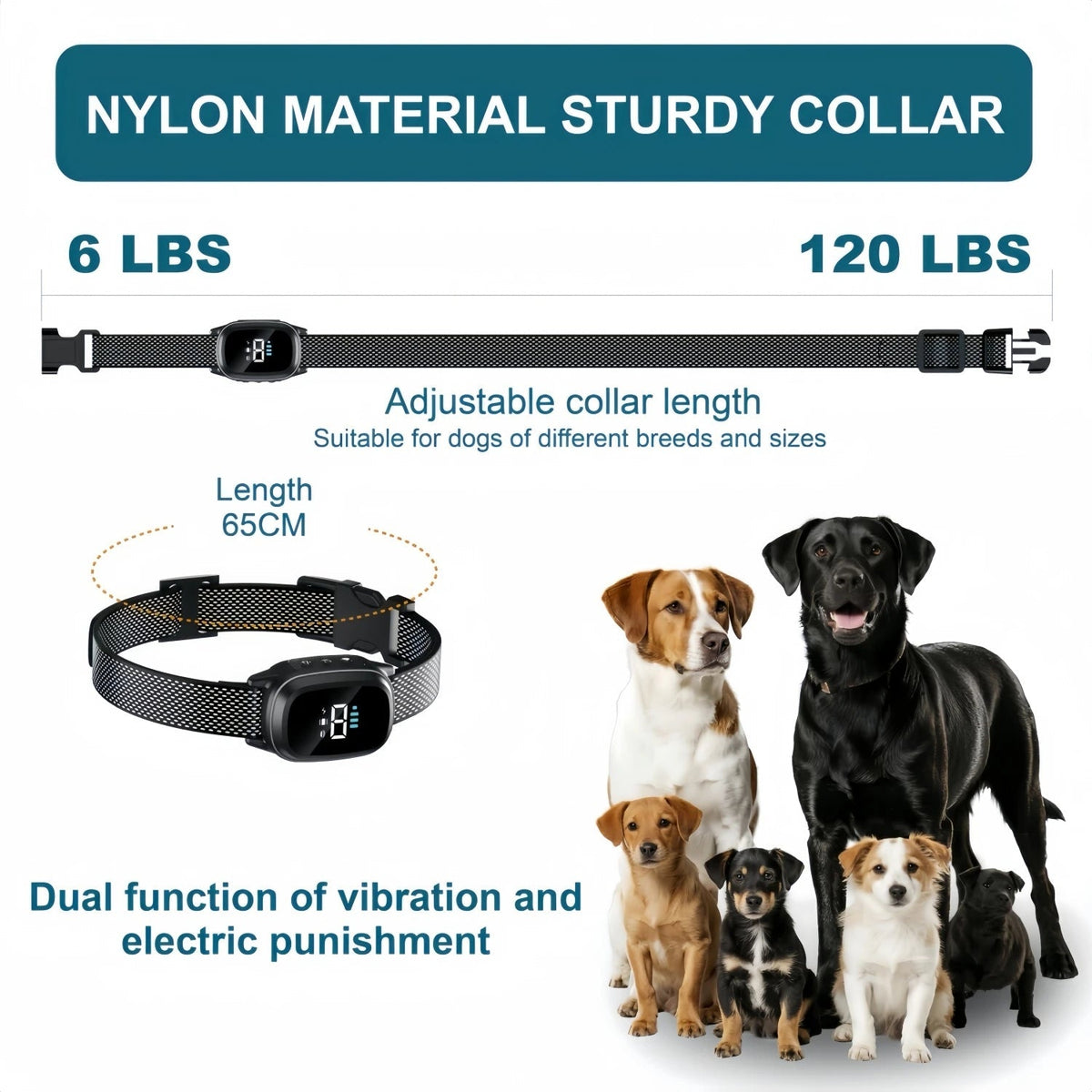 WhisiPaw Dog Anti Bark Collar with adjustable length and dual function features, suitable for dogs of different breeds and sizes.