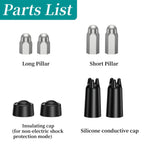WhisiPaw Dog Anti Bark Collar Parts list with labeled components including long and short pillars, insulating cap, and silicone conductive cap on a white background.