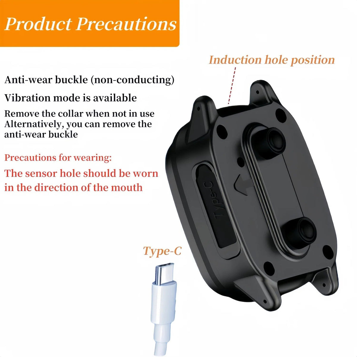 Product precautions for a WhisiPaw Dog Anti Bark Collar with an anti-wear buckle and induction hole position on a white background.