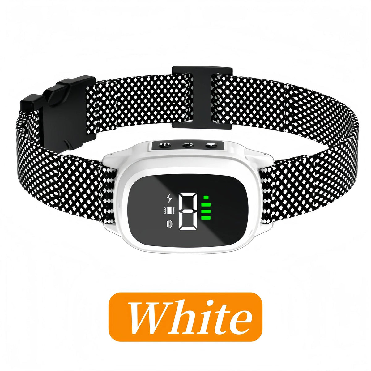 Black and white patterned WhisiPaw Dog Anti Bark Collar with digital display on a white background, featuring the word 'White'.