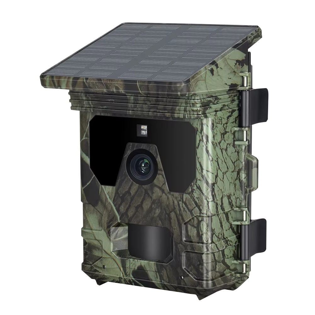 Wildsnap v2 Solar Trail Camera with solar panel on a white background