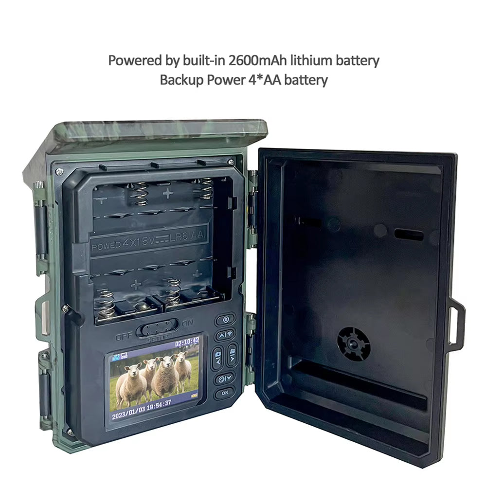 Wildsnap v2 Solar Trail Camera with open cover showing battery compartment and screen displaying animals.