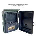 Wildsnap v2 Solar Trail Camera with open cover showing battery compartment and screen displaying animals.