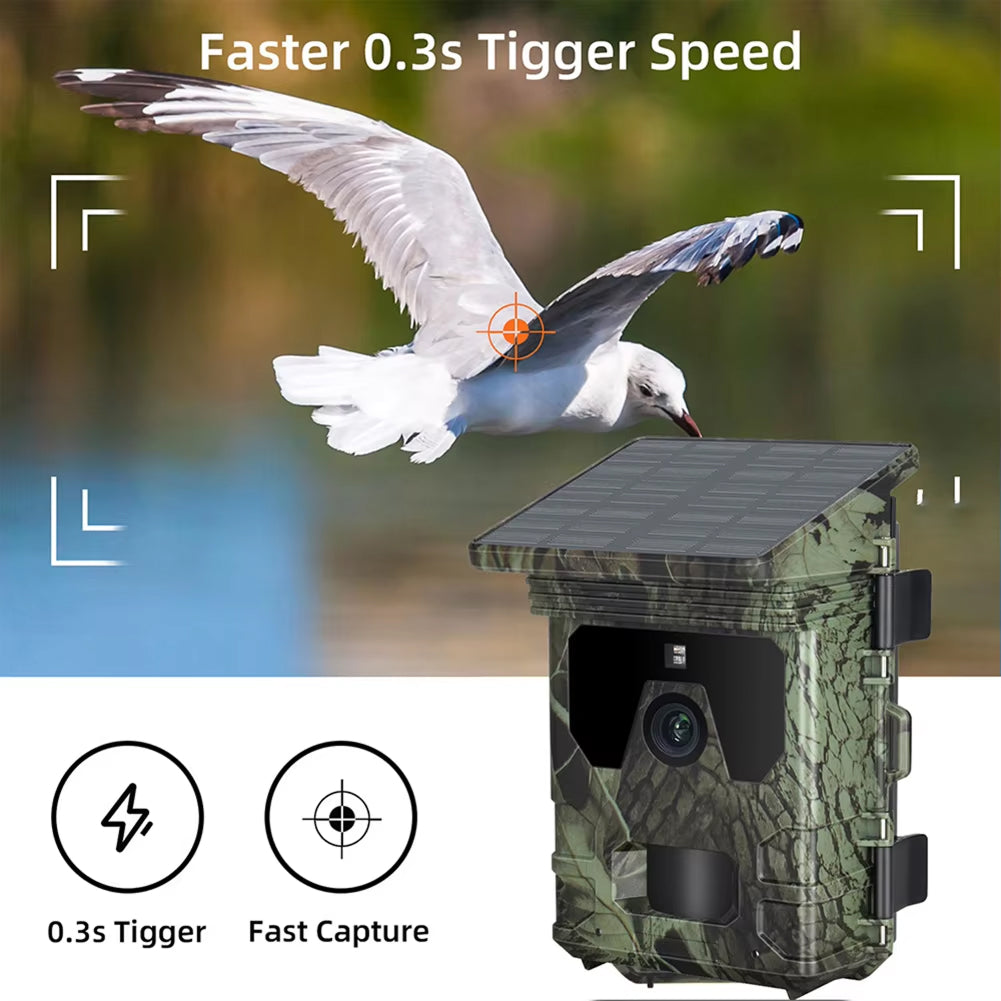 Wildsnap v2 Solar Trail Camera with a bird in the background, highlighting faster trigger speed feature.