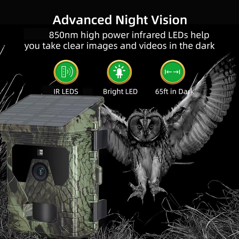 Wildsnap v2 Solar Trail Camera  with owl illustration and text about advanced night vision features.