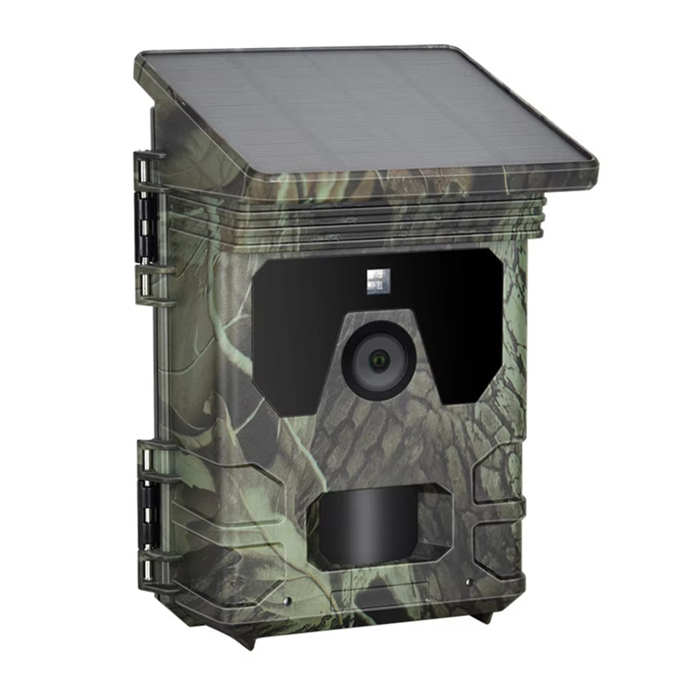 Camouflage-patterned wildlife camera on a white background