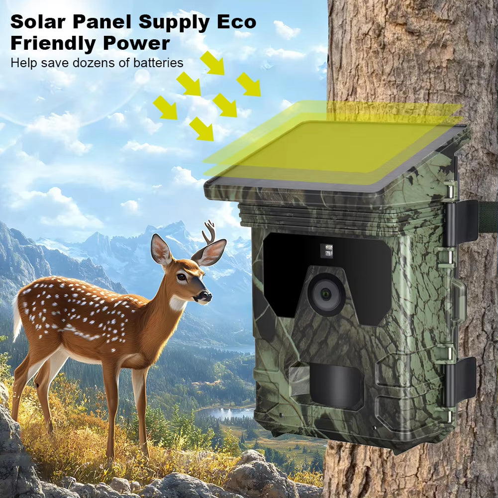 Wildsnap v2 Solar Trail Camera on a tree with a deer in the background and text about solar panel power.