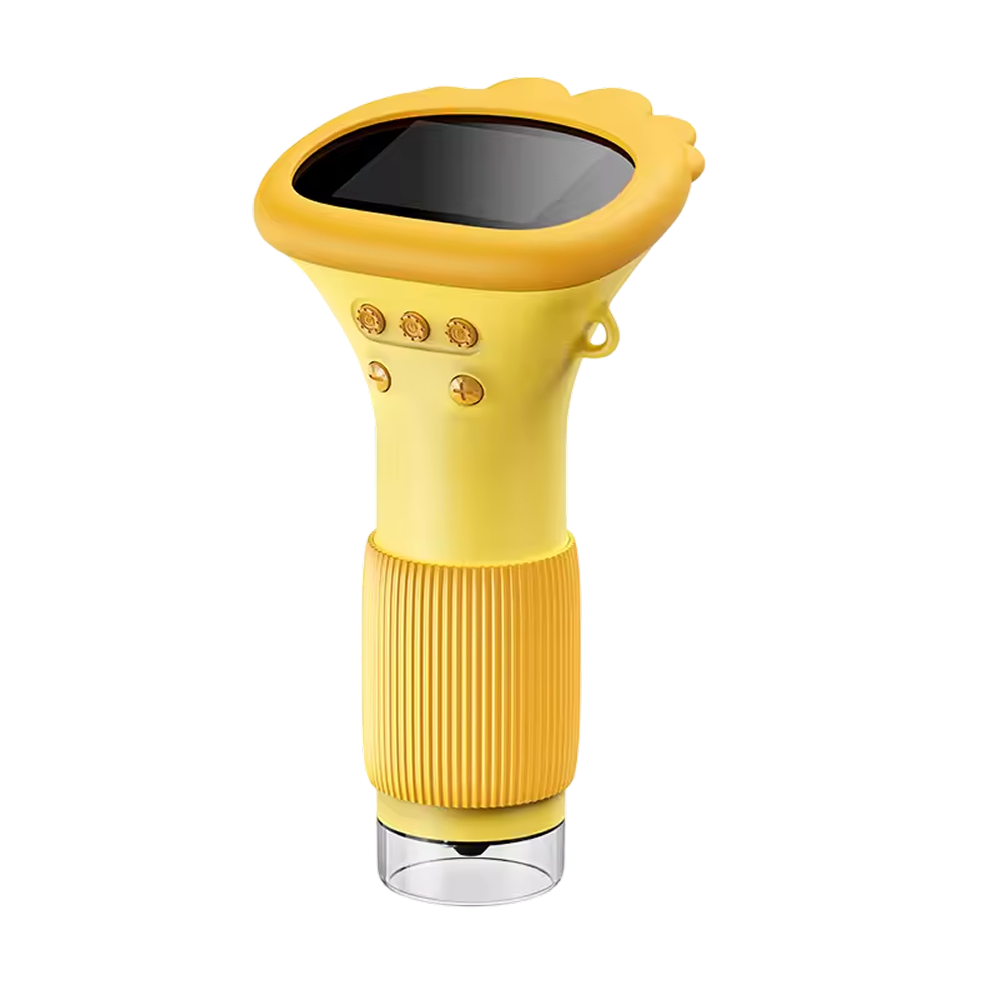 Yellow ZoomiWiz HD Kids Microscope with a black nozzle on a white background