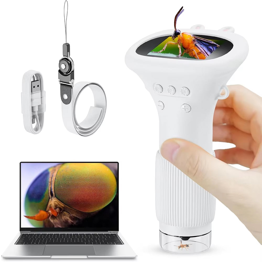 White ZoomiWiz HD Kids Microscope with screen displaying a colorful insect, USB cable, and laptop showing similar image.