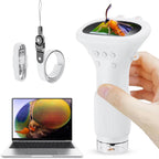 White ZoomiWiz HD Kids Microscope with screen displaying a colorful insect, USB cable, and laptop showing similar image.