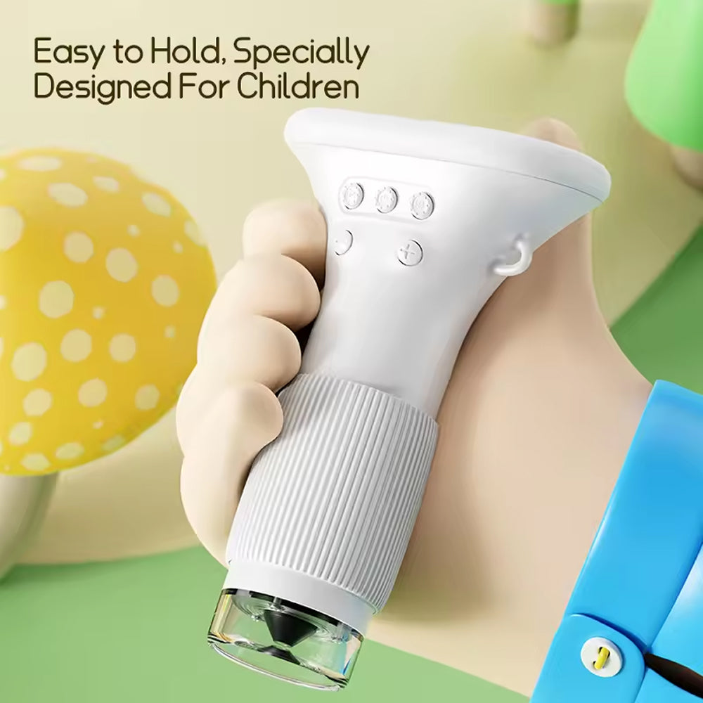 Children's ZoomiWiz HD Kids Microscope with text 'Easy to Hold, Specially Designed For Children' on a light green background