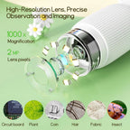 ZoomiWiz HD Kids Microscope with magnification details and sample applications on a green background