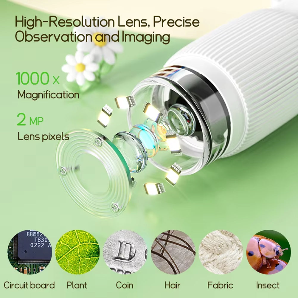 ZoomiWiz HD Kids Microscope with magnification details and sample applications on a green background
