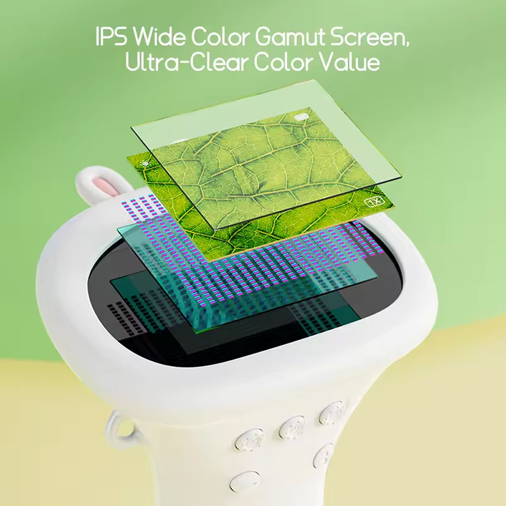ZoomiWiz HD Kids Microscope with a screen displaying green leaves on a green background