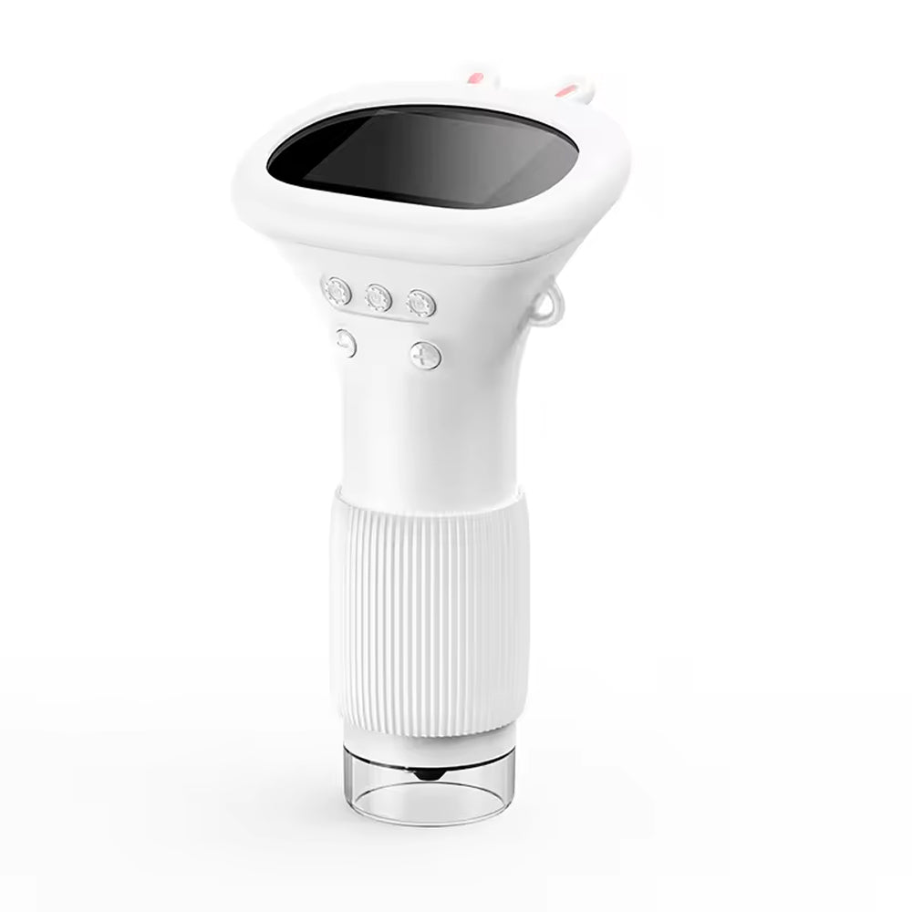 A white ZoomiWiz HD Kids Microscope beauty device with a curved top, a dark rectangular face, four silver buttons, a ribbed grip, and a clear circular base, shown on a plain white background.