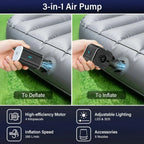AiroFilli Ultra-Compact 3-in-1 Air Pump for inflating and deflating an air mattress, with close-up shots of usage on green grass.