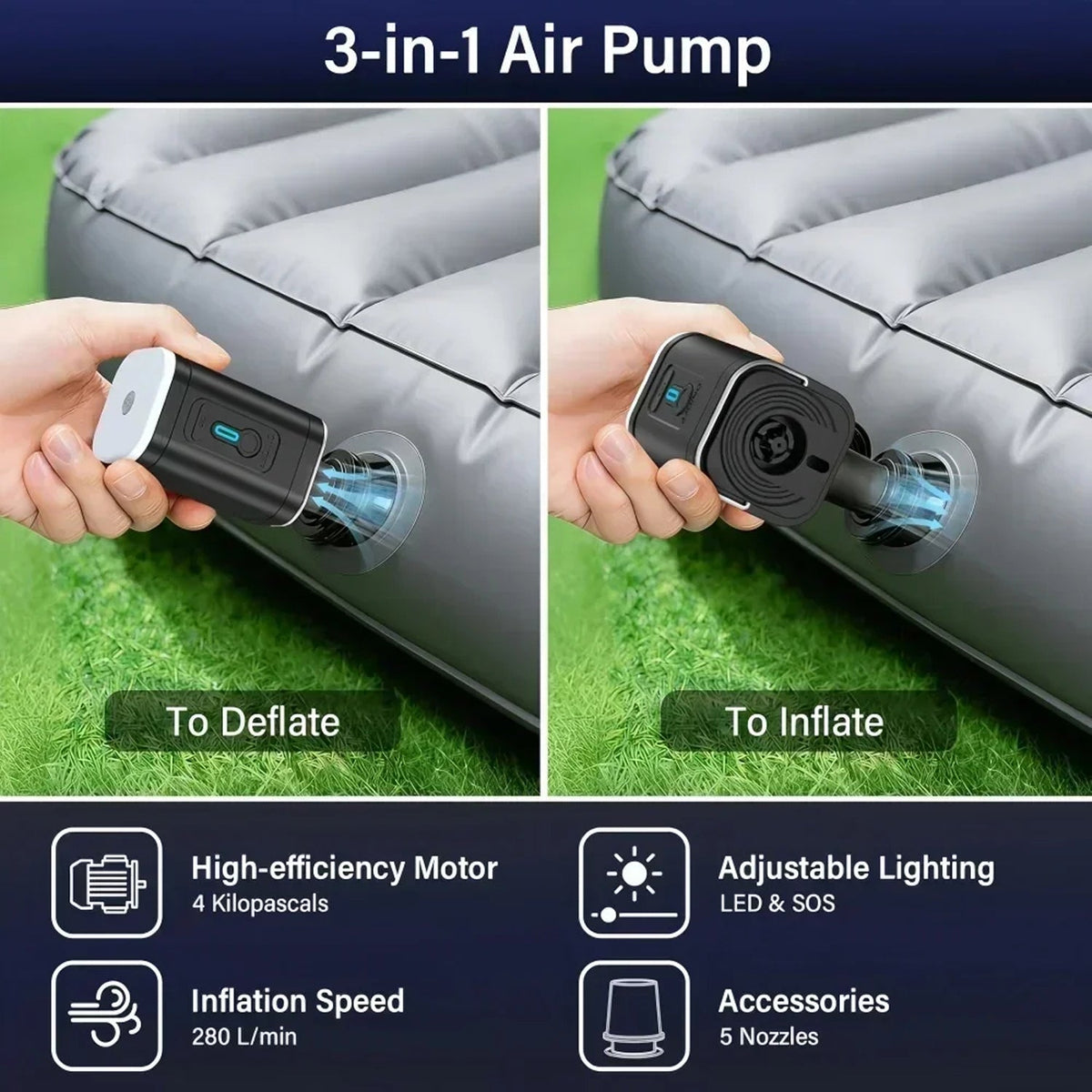 AiroFilli Ultra-Compact 3-in-1 Air Pump for inflating and deflating an air mattress, with close-up shots of usage on green grass.