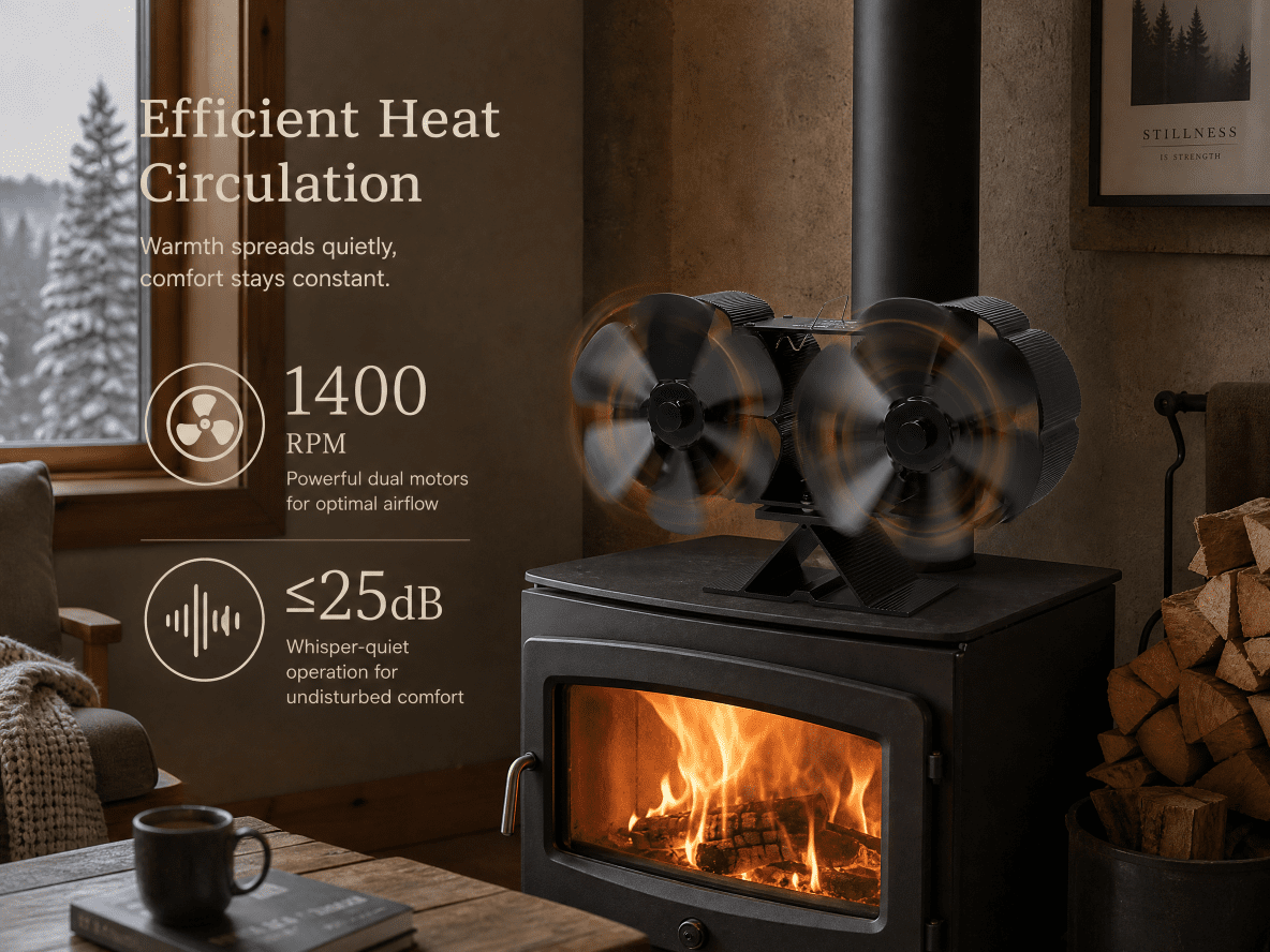 BlazeWini Wood Stove Fan dual silent motors feature
