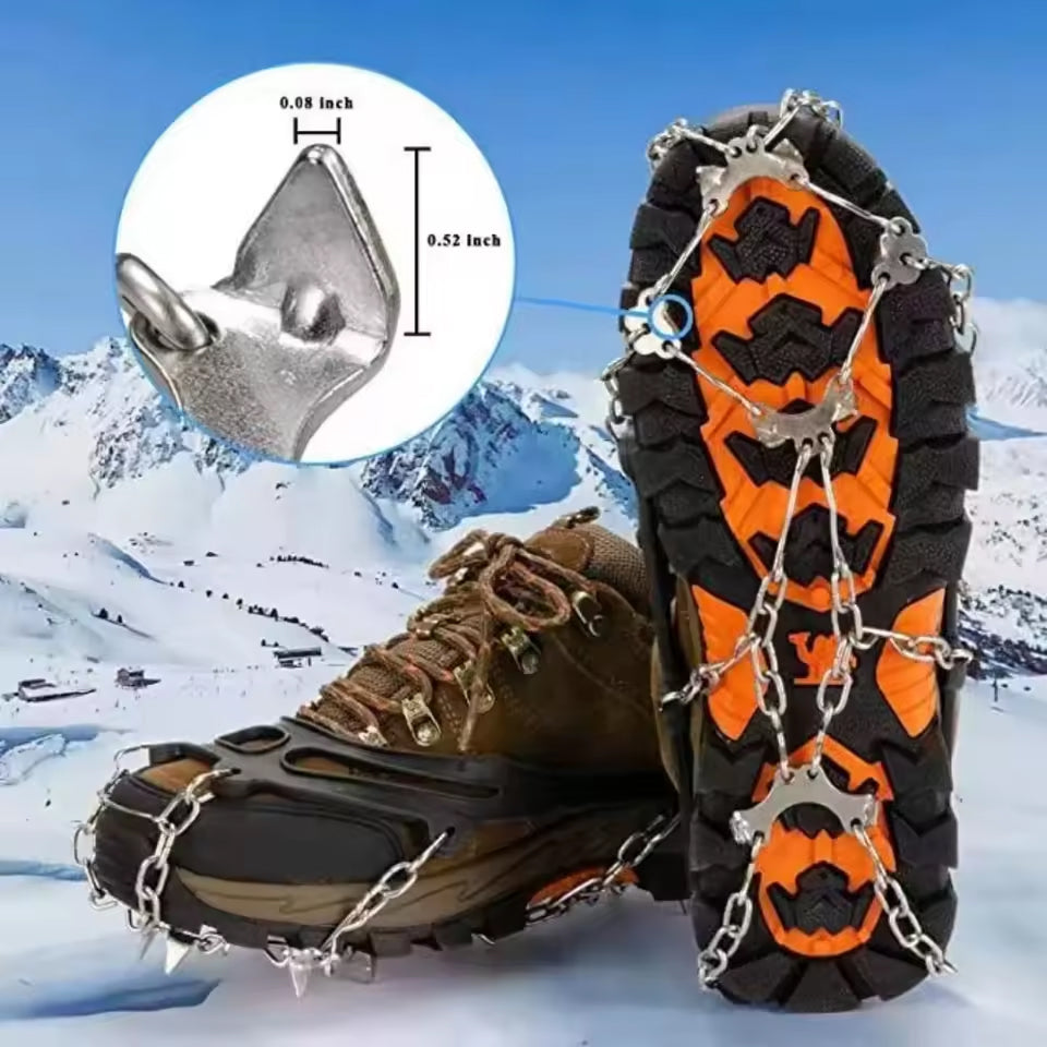 FrostoGrip Hiking Crampons fitted over footwear