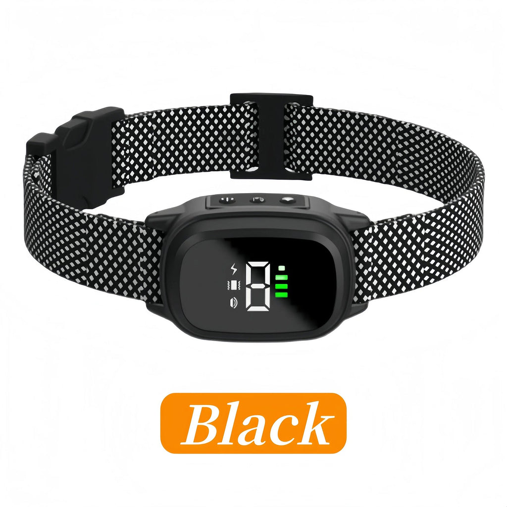 Black electronic dog collar with digital display on a white background