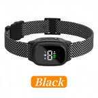 Black electronic dog collar with digital display on a white background