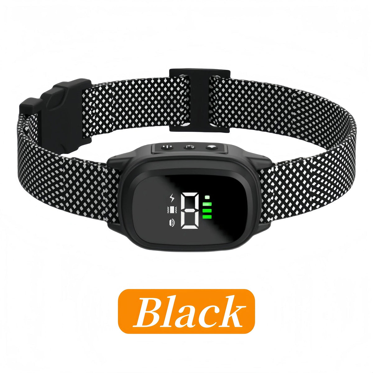 Black electronic dog collar with digital display on a white background